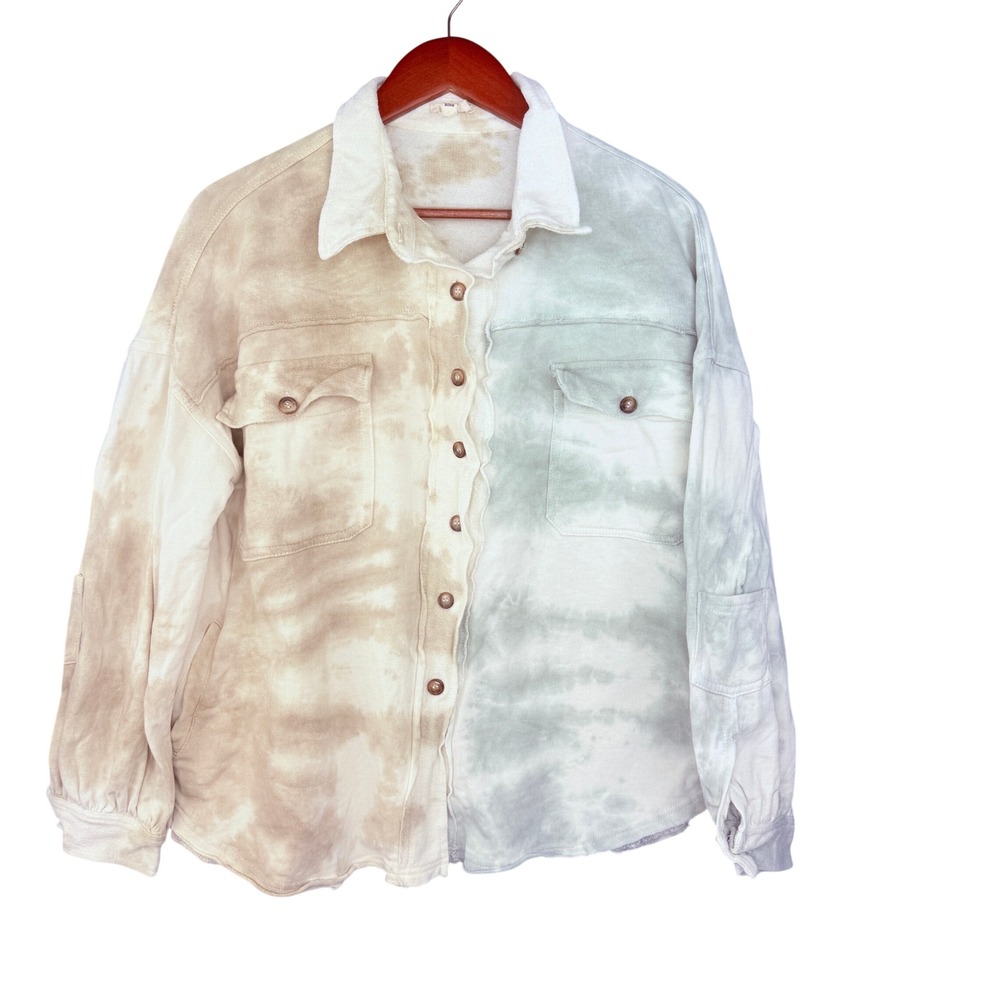 POL Tie Dye Shacket Womens Size M Beige Sage Green Cotton Button Up Bohemian